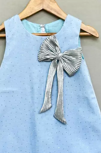 Denim shimmer dress with silver bow