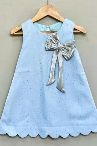 Denim shimmer dress with silver bow