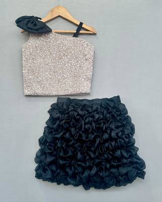 Silver sequin top with black ruffled skirt 1