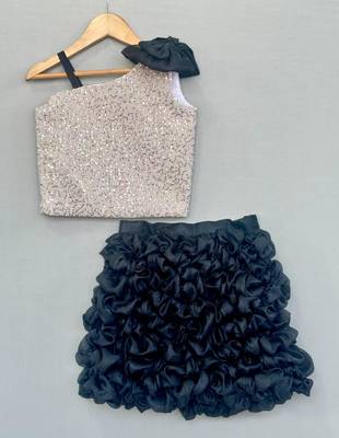 Silver sequin top with black ruffled skirt 3