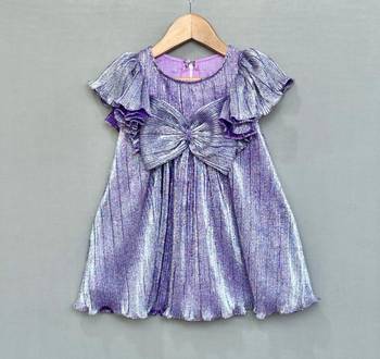 Metallic purple pleated party dress with oversized bow 1