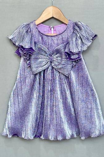 Metallic purple pleated party dress with oversized bow