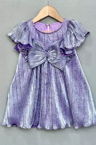 Metallic purple pleated party dress with oversized bow