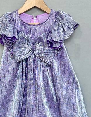 Metallic purple pleated party dress with oversized bow 2