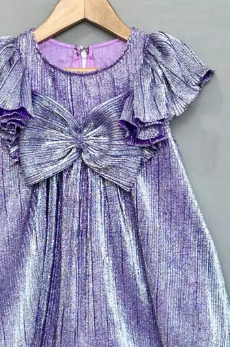 Metallic purple pleated party dress with oversized bow