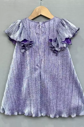 Metallic purple pleated party dress with oversized bow