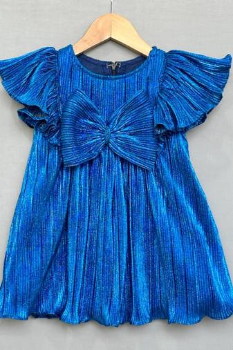 Royal blue pleated party dress with oversized bow