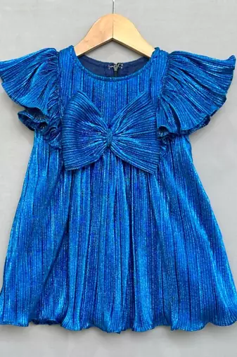 Royal blue pleated party dress with oversized bow