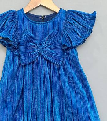 Royal blue pleated party dress with oversized bow 2