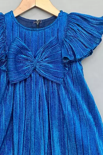Royal blue pleated party dress with oversized bow