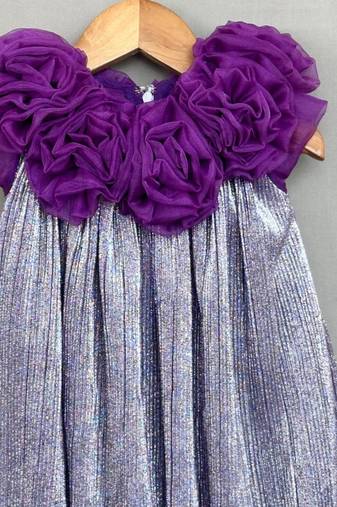 Metallic purple pleated party dress with 3d floral bodice