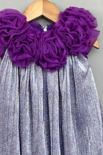 Metallic purple pleated party dress with 3d floral bodice