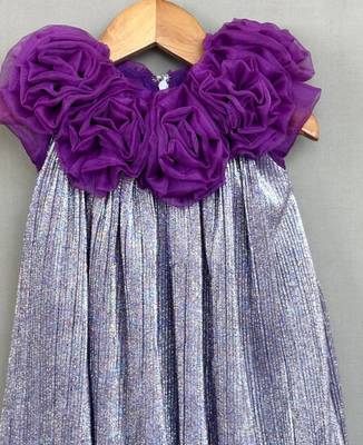 Metallic purple pleated party dress with 3d floral bodice 1