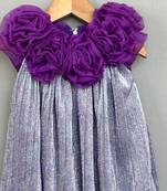 Metallic purple pleated party dress with 3d floral bodice