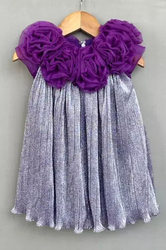 Metallic purple pleated party dress with 3d floral bodice