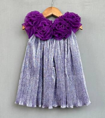 Metallic purple pleated party dress with 3d floral bodice 3