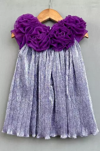 Metallic purple pleated party dress with 3d floral bodice