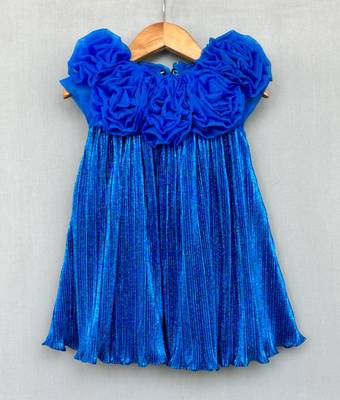 Royal blue pleated party dress with 3d floral bodice 1