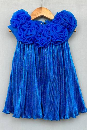 Royal blue pleated party dress with 3d floral bodice