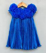 Royal blue pleated party dress with 3d floral bodice
