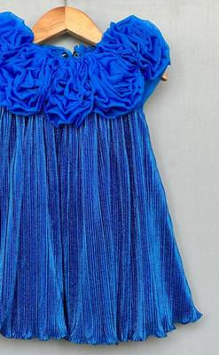 Royal blue pleated party dress with 3d floral bodice 2