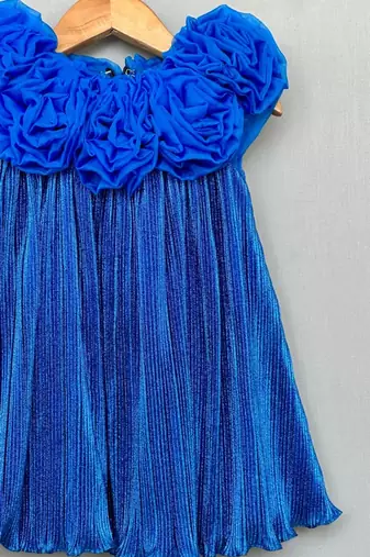 Royal blue pleated party dress with 3d floral bodice