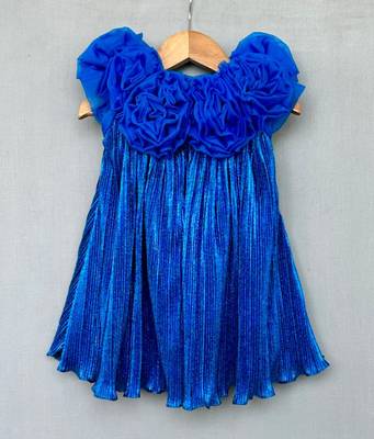 Royal blue pleated party dress with 3d floral bodice 3