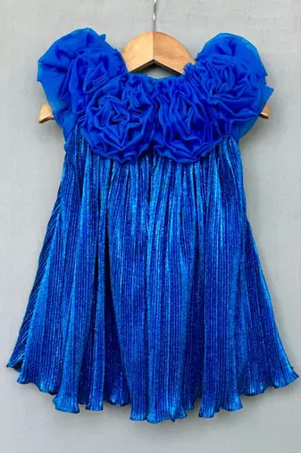 Royal blue pleated party dress with 3d floral bodice