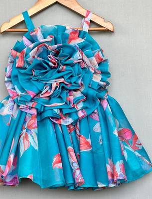 Turquoise floral organza dress with ruffle bodice 1