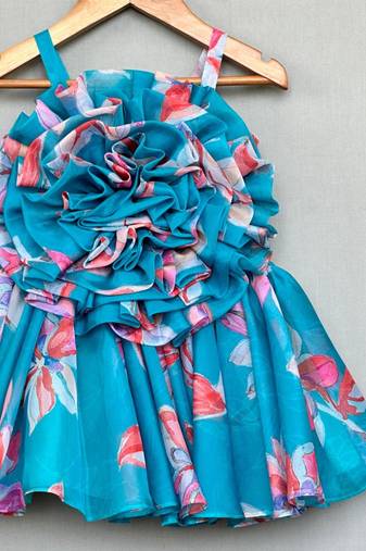 Turquoise floral organza dress with ruffle bodice