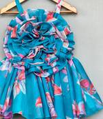 Turquoise floral organza dress with ruffle bodice