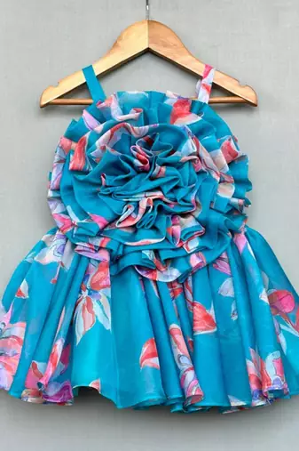 Turquoise floral organza dress with ruffle bodice
