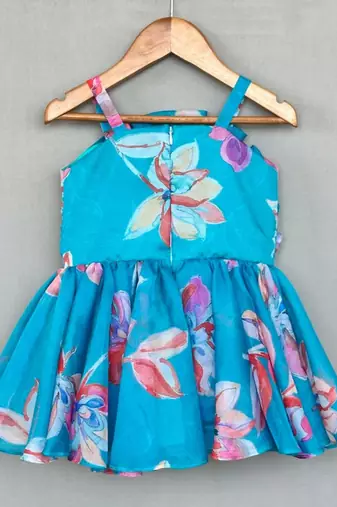 Turquoise floral organza dress with ruffle bodice
