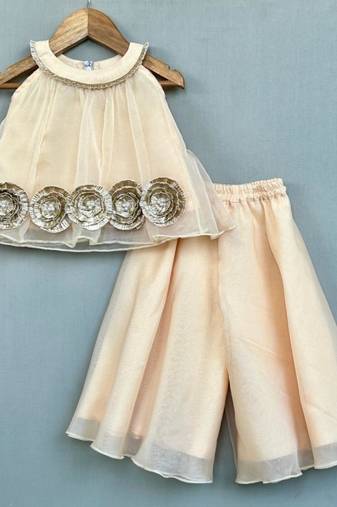 Champagne gold organza co-ord set with floral embellishments