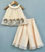 Champagne gold organza co-ord set with floral embellishments
