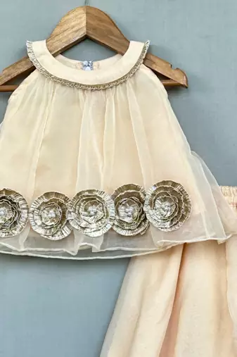 Champagne gold organza co-ord set with floral embellishments