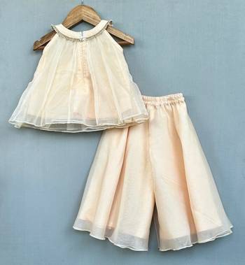 Champagne gold organza co-ord set with floral embellishments 3