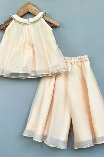 Champagne gold organza co-ord set with floral embellishments
