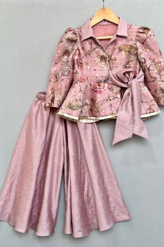 Dusty rose floral and bird print peplum top with palazzo