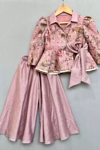 Dusty rose floral and bird print peplum top with palazzo