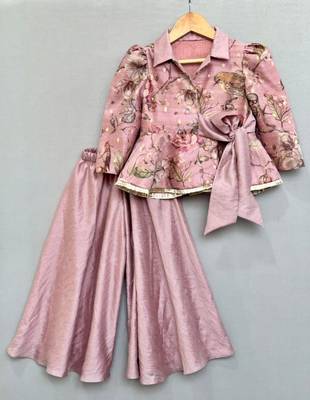 Dusty rose floral and bird print peplum top with palazzo 1