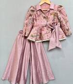 Dusty rose floral and bird print peplum top with palazzo