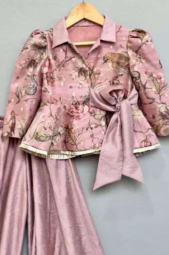 Dusty rose floral and bird print peplum top with palazzo