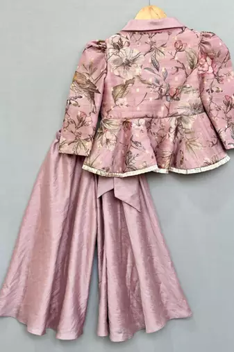 Dusty rose floral and bird print peplum top with palazzo