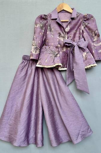lavender bird print peplum top with palazzo