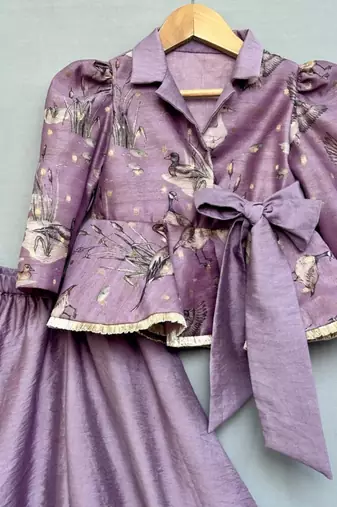 lavender bird print peplum top with palazzo