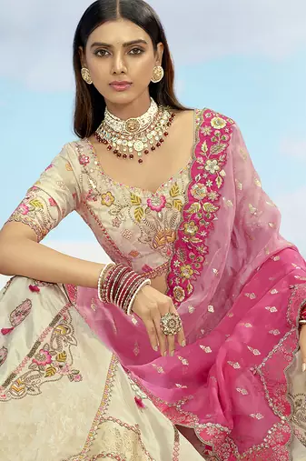 Cream & Pink silk blend Embroidered Lehenga Choli