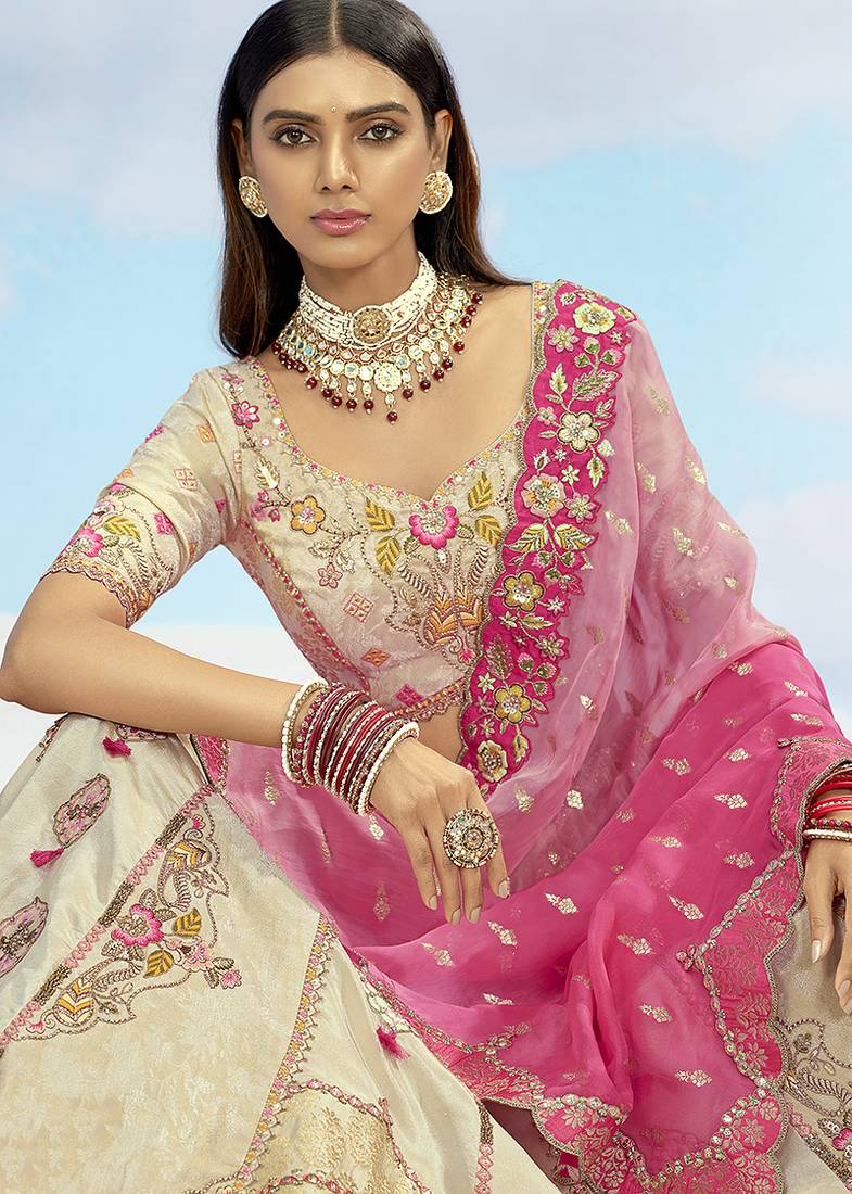 Cream & Pink Silk Wedding Lehenga Choli with Embroidery & Stone Work