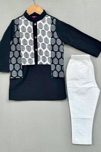 Black kurta with printed attached jacket and pant
