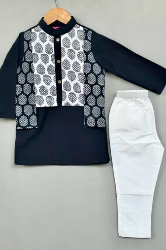 Black kurta with printed attached jacket and pant